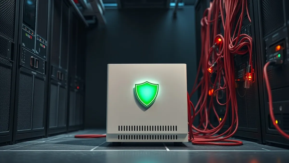Illustration: A sleek white network appliance sits in a tidy server room, displaying a green shield icon on its blank front panel.