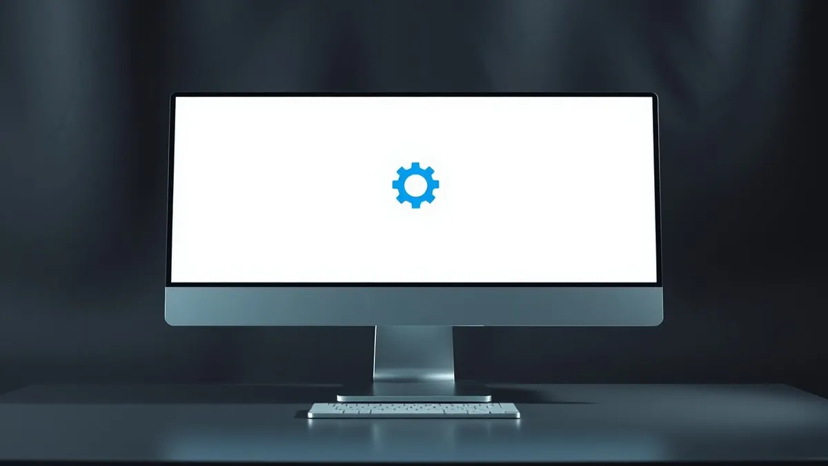 Illustration: A generic computer monitor displays a blank white webpage with a small, hollow blue gear icon floating in the center.
