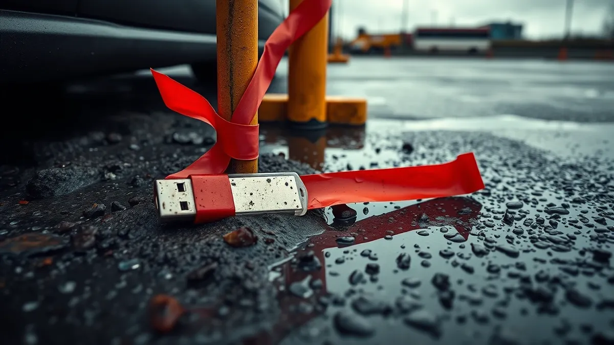 Illustration: A dirty, discarded USB flash drive lies half-buried in the mud near a parked car.