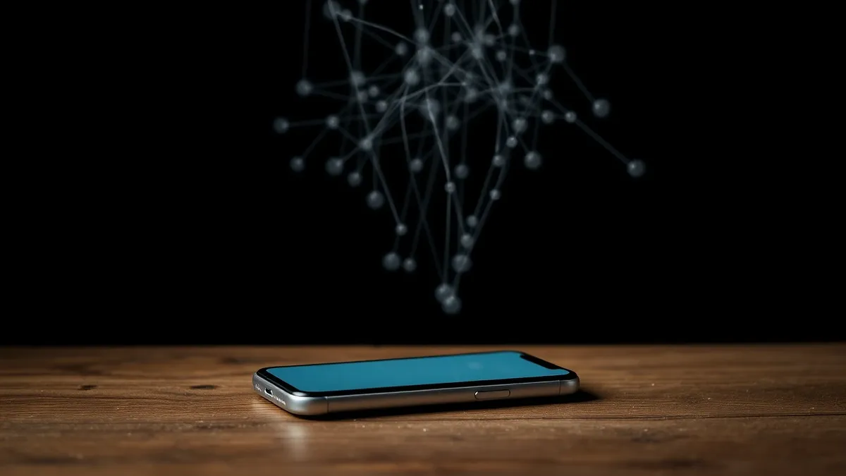 Illustration: A smartphone rests on a wooden table with a blank screen displaying abstract notification bubbles.