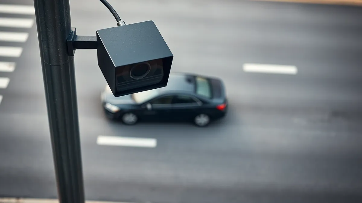 Illustration: An automated license plate reader camera mounted on a metal pole captures passing traffic on a city street.