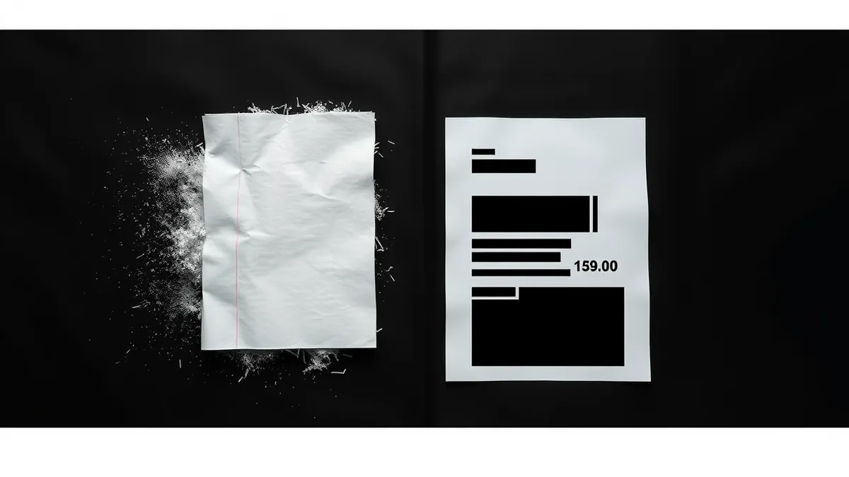 Illustration: A split visual shows a shredded document on the left dissolving into dust and a clean white sheet on the right with black bars covering specific sections.