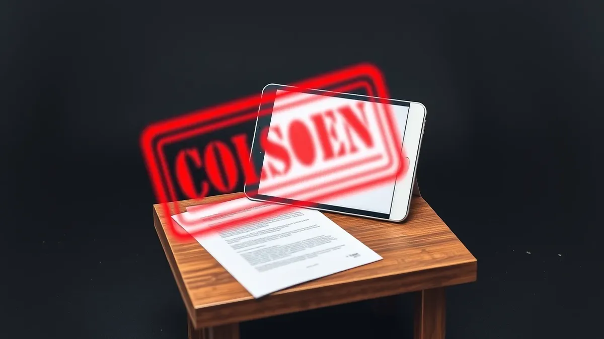 Illustration: A small wooden desk holds a tablet displaying a blank screen, surrounded by scattered papers and a single oversized red stamp hovering above a document.