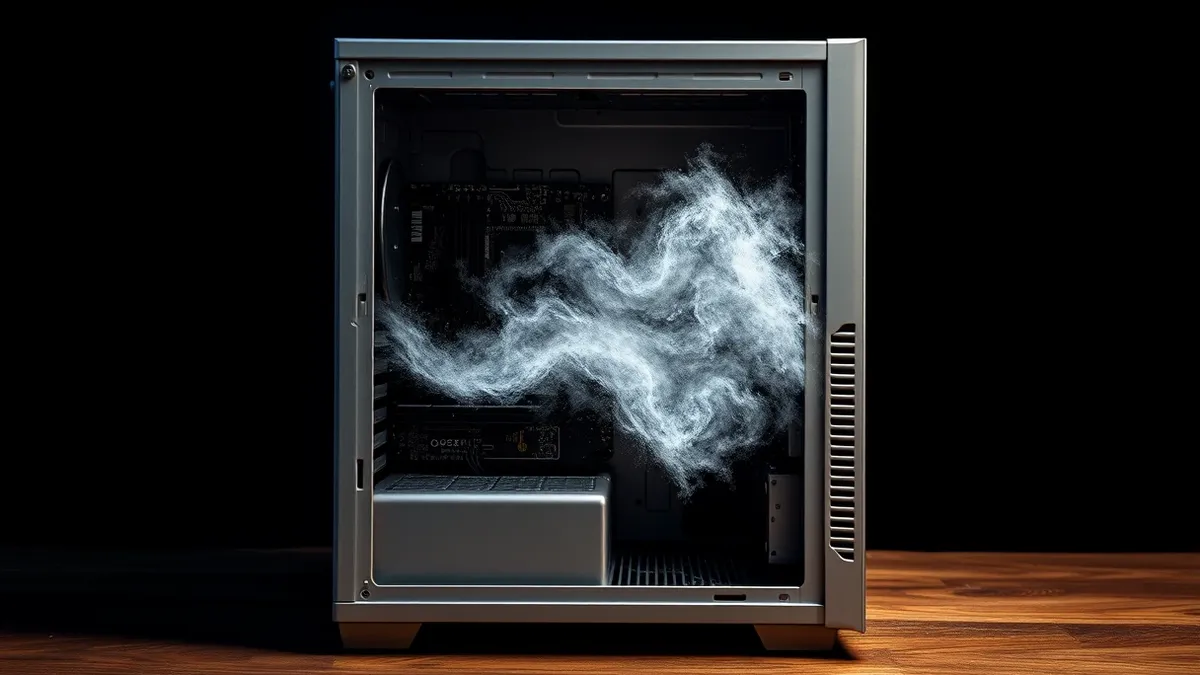 Illustration: A silver computer tower sits open on a workbench with its side panel removed.