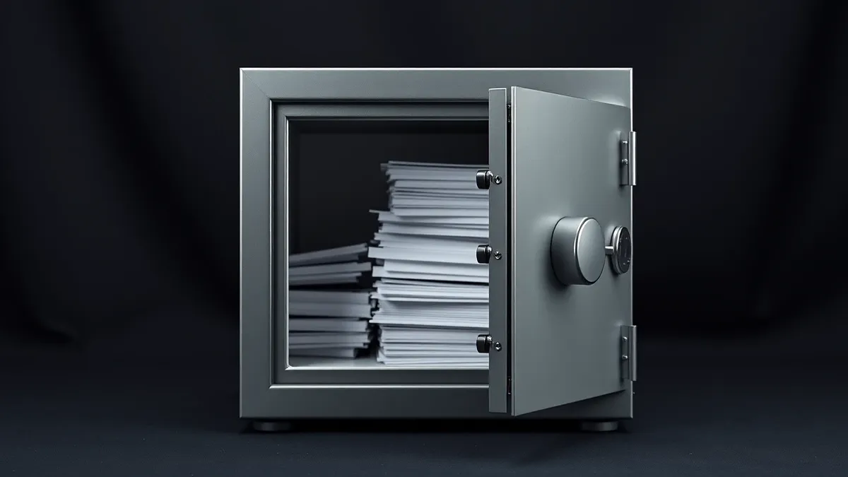 Illustration: A sleek, modern safe sits in a clean office setting, its heavy steel door slightly ajar to reveal neatly stacked, blank files inside.