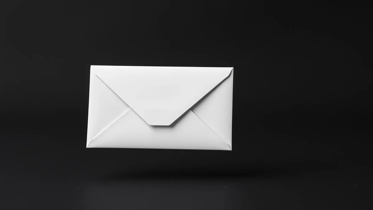 Illustration: A single white envelope floats in empty space with its flap slightly open to reveal a blank interior.