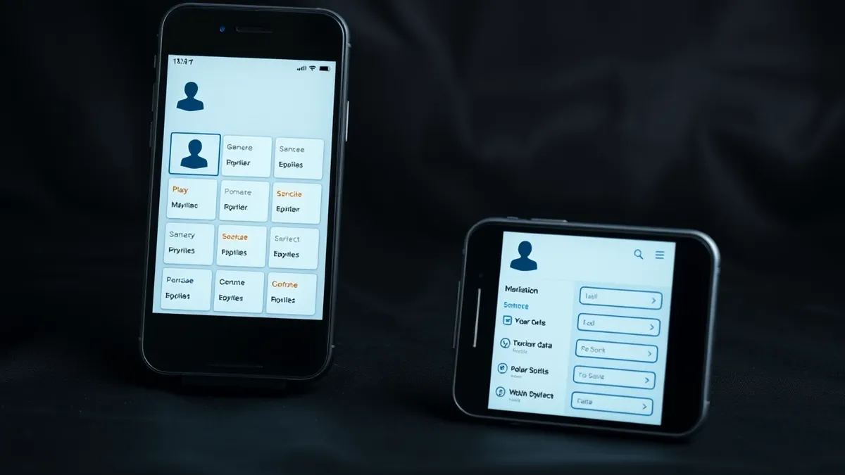Illustration: A smartphone screen displays a simple grid of generic profile cards.