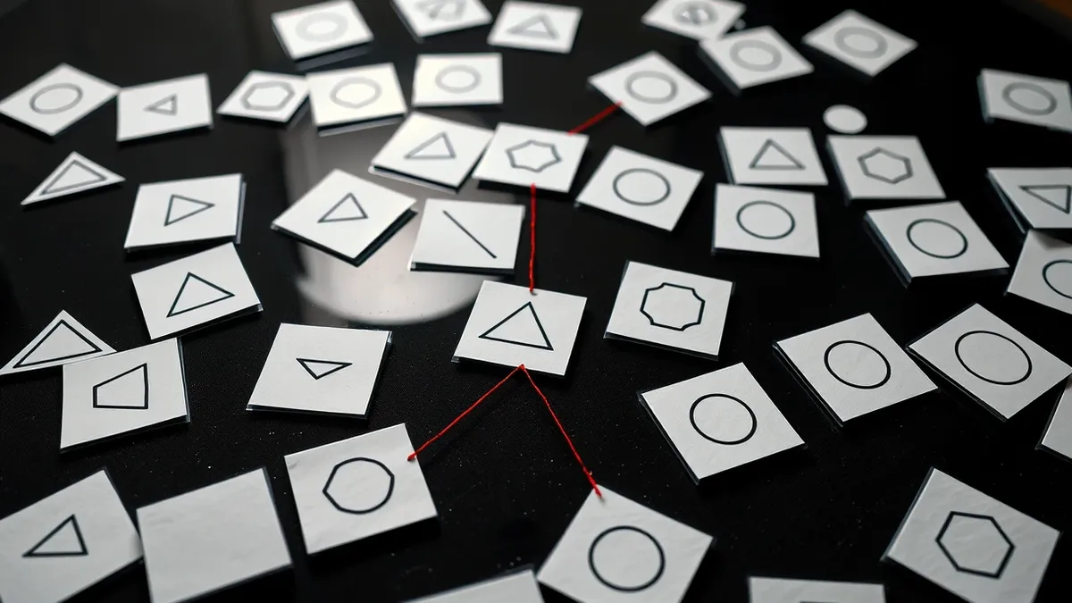 Illustration: A transparent glass table holds scattered white index cards, each marked with simple geometric shapes like triangles and circles.