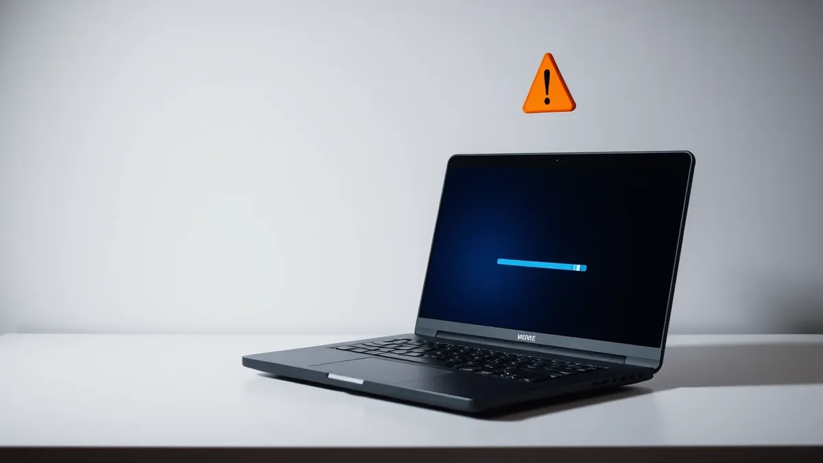 Illustration: A sleek black laptop sits on a clean white desk, its screen displaying a single progress bar halfway through a blue gradient.