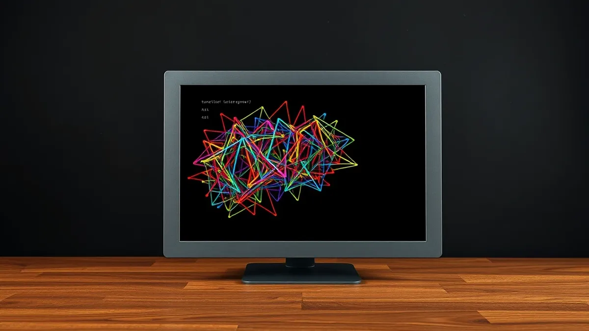 Illustration: A smooth gray command prompt window sits on a wooden desk, its interior filled with tangled, colorful geometric shapes that burst through the window’s rigid rectangul