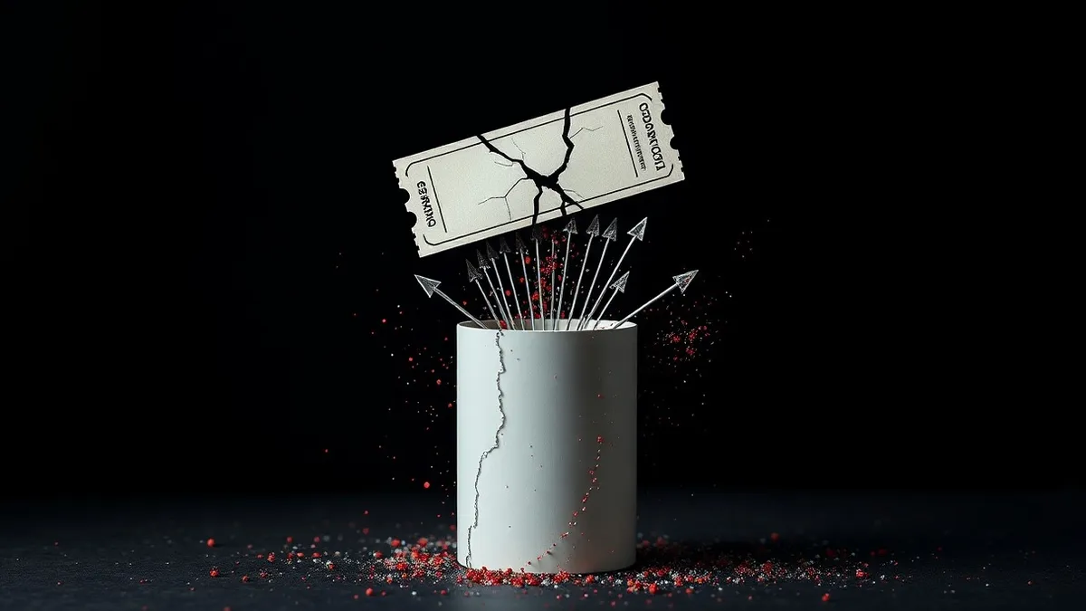 Illustration: A cracked digital ticket stub floats above a fractured database cylinder.