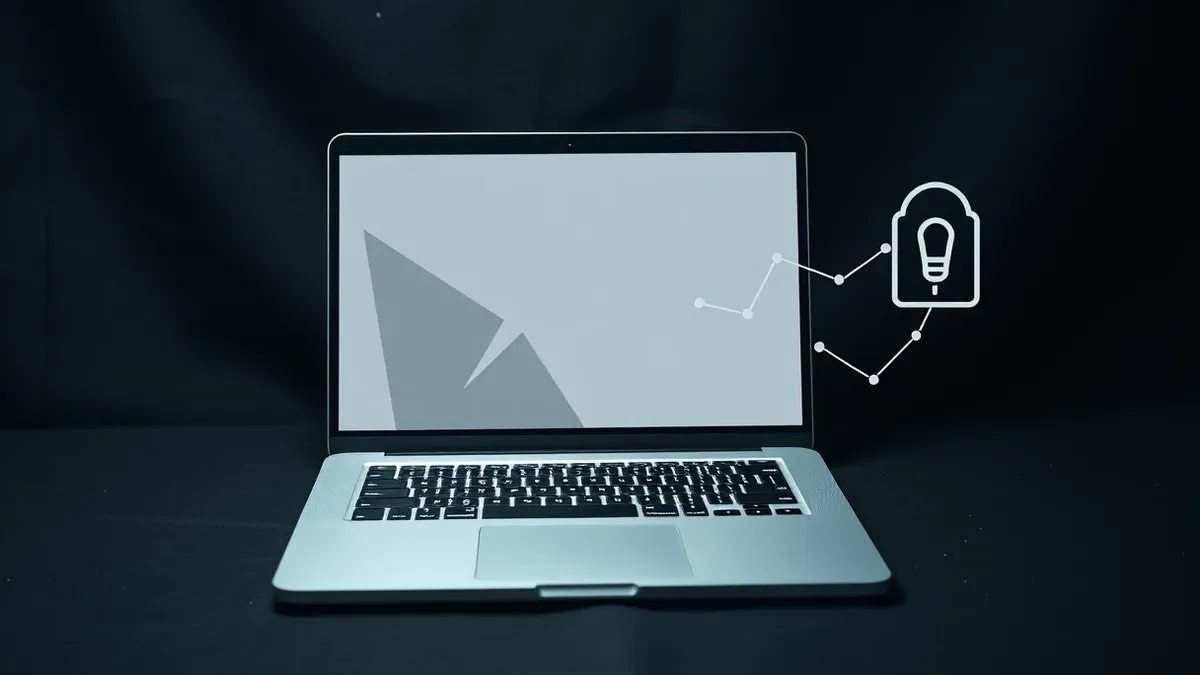 Illustration: A sleek laptop sits on a desk, its screen displaying a blank web browser window with abstract geometric shapes.