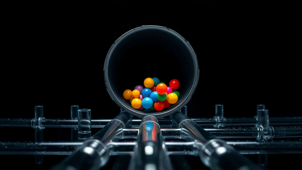 Illustration: A thick, opaque steel tube carries colorful abstract shapes across a network of clear glass pipes.
