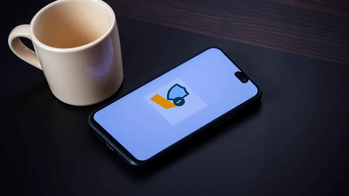 Illustration: A modern smartphone rests on a wooden desk beside a ceramic coffee mug.