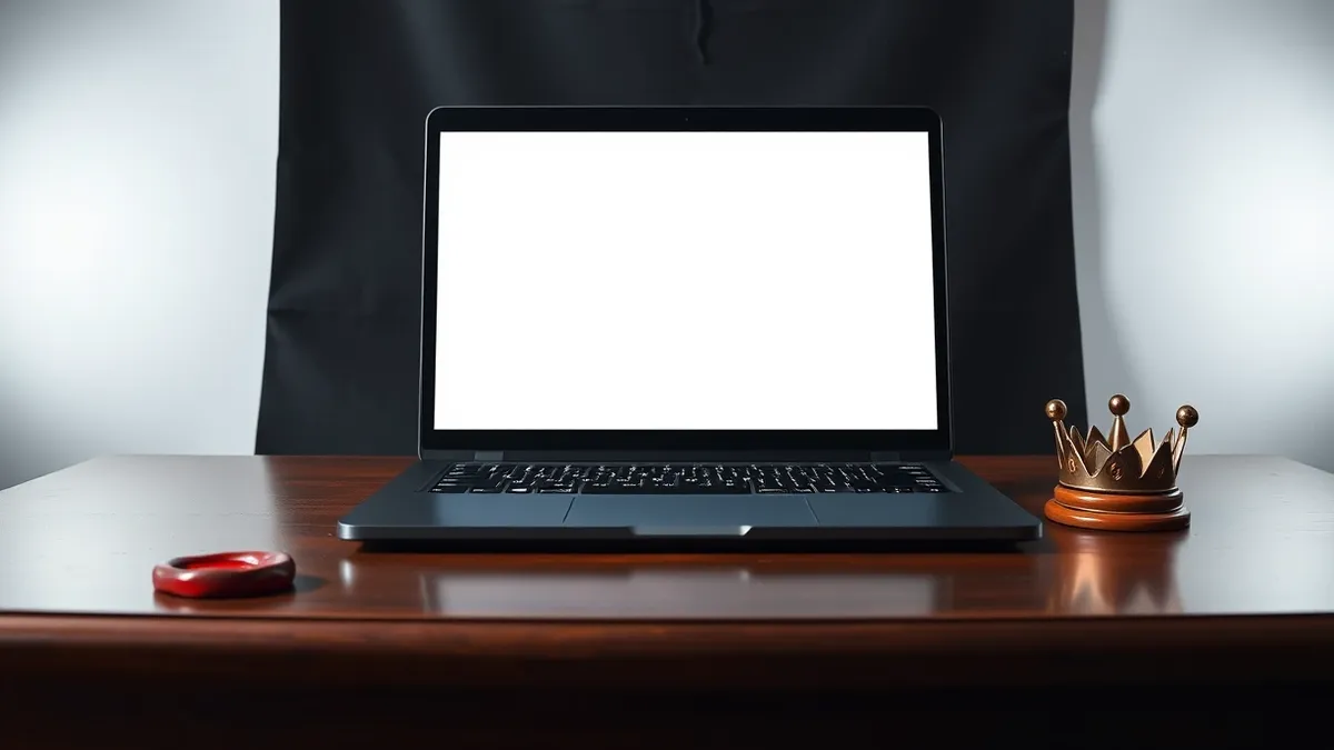 Illustration: A sleek black laptop sits on a polished wooden desk next to a single red wax seal.