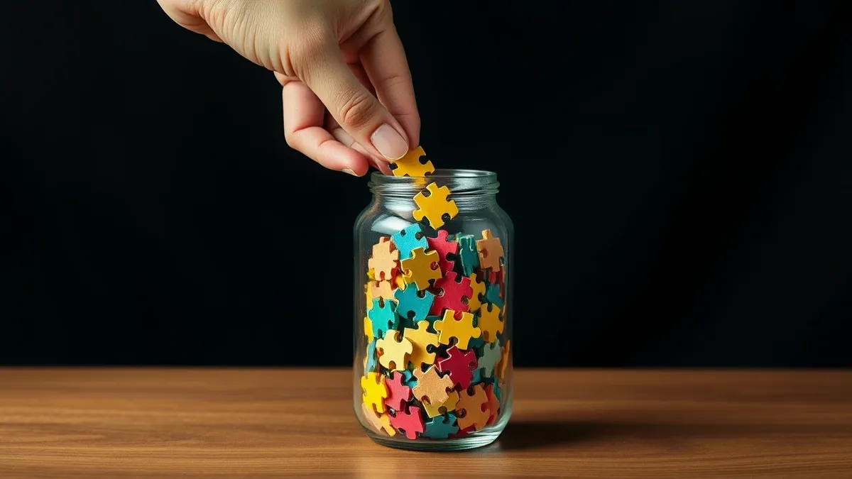 Illustration: A transparent glass jar sits on a wooden table, filled with many small, colorful puzzle pieces.
