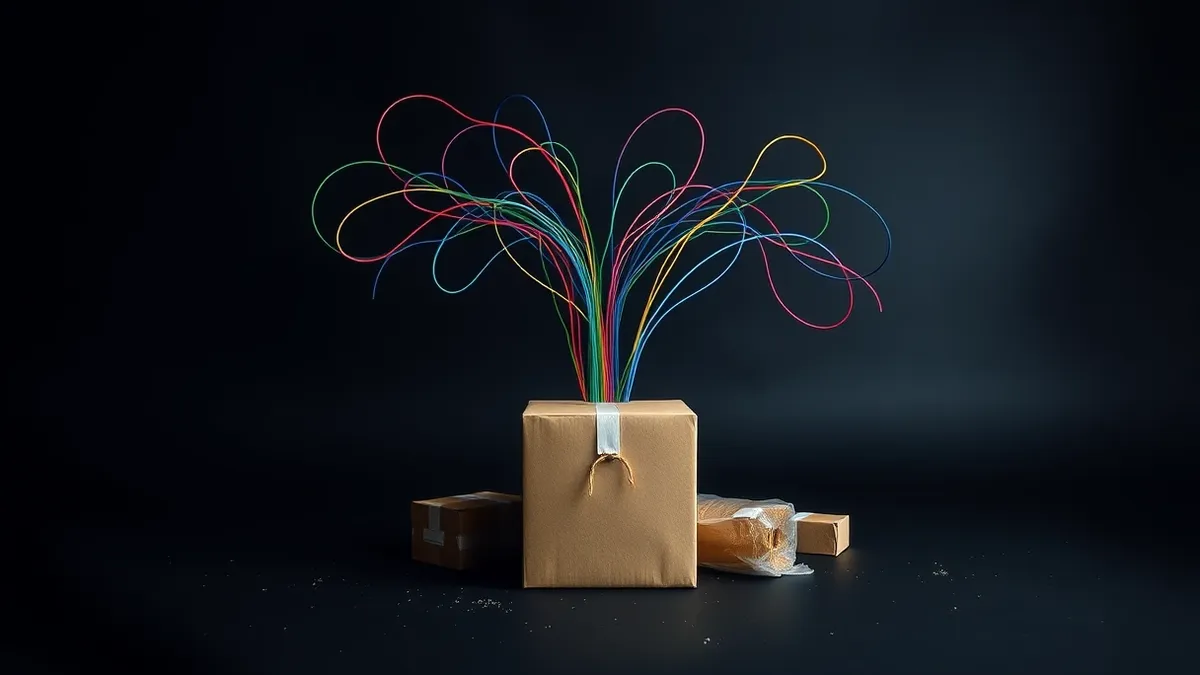 Illustration: A tangled web of colorful threads connects a central package box to several smaller containers.