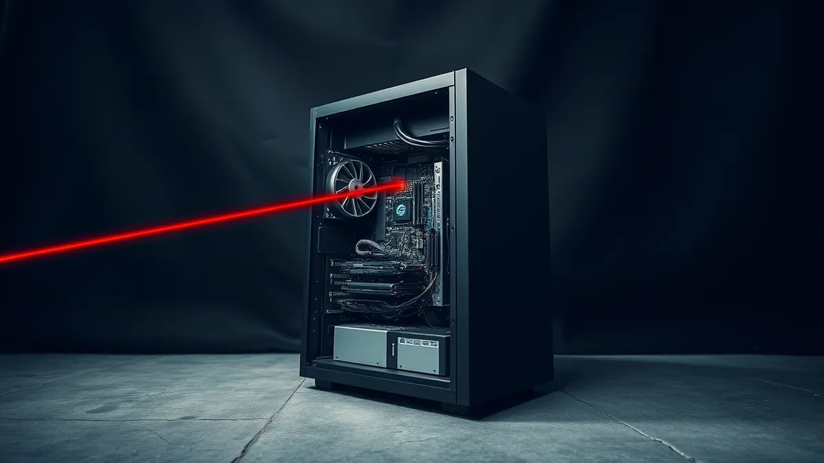 Illustration: A sleek black server tower sits on a concrete floor with its side panel removed, exposing intricate circuit boards and cooling fans.