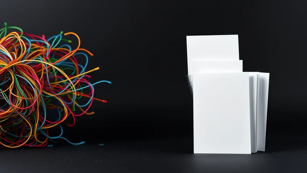 Illustration: A complex tangle of colorful data lines flows from a chaotic pile of tangled cables on the left through three distinct, clean filtering funnels on the right.