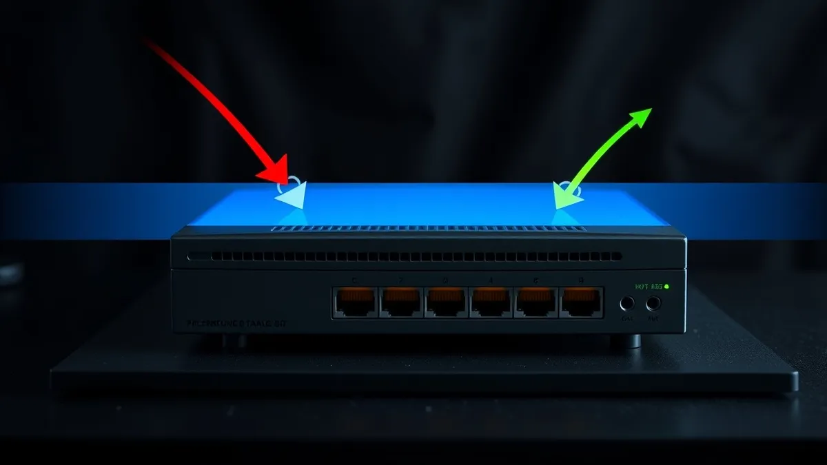 Illustration: A network router sits on a desk, filtering data streams.