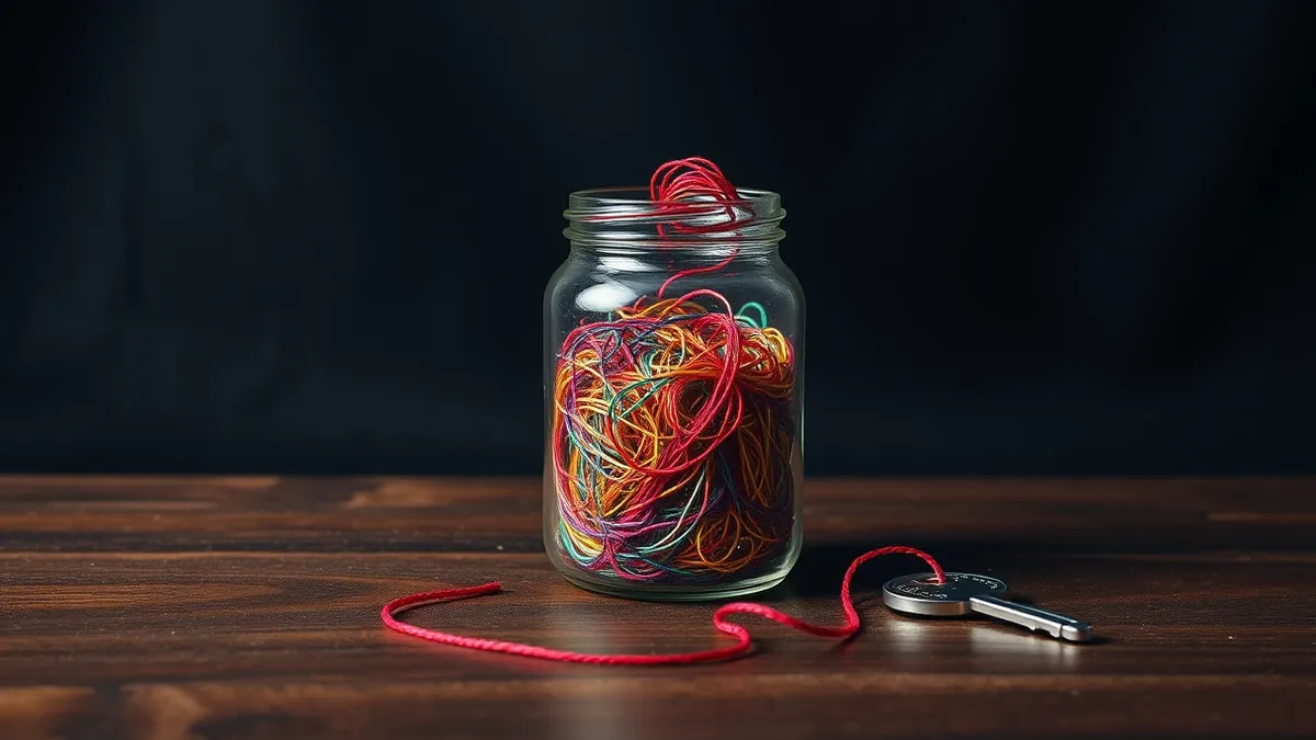 Illustration: A transparent glass jar filled with colorful tangled threads sits on a wooden desk.