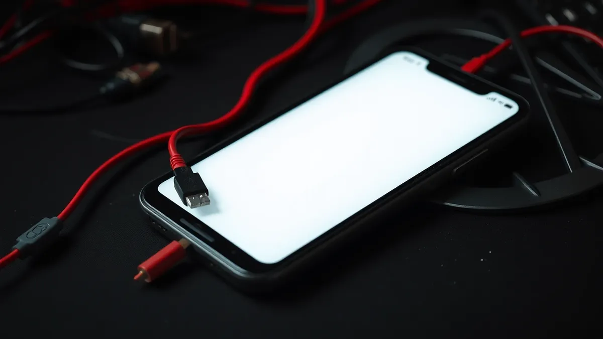 Illustration: A sleek, featureless smartphone rests on a chaotic desk beside a tangled heap of cables.