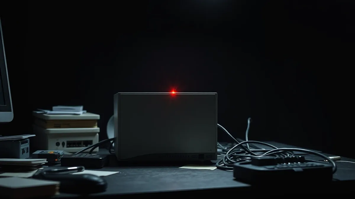 Illustration: A standalone network firewall appliance sits on a cluttered desk, its blank front panel reflecting harsh overhead light.