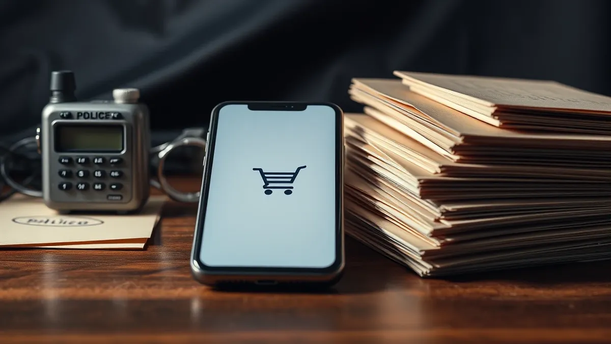 Illustration: A silver police radio sits on a cluttered desk next to a blank smartphone displaying a generic shopping cart icon.
