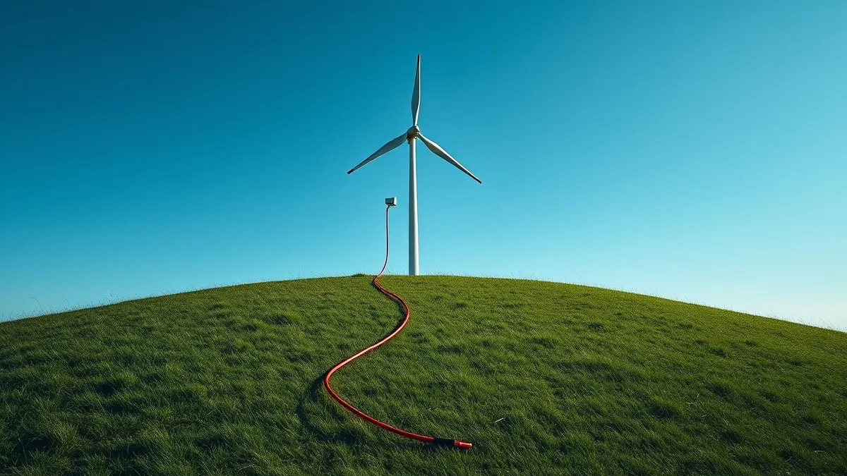 Illustration: A wind turbine stands alone on a grassy hill under a clear sky.