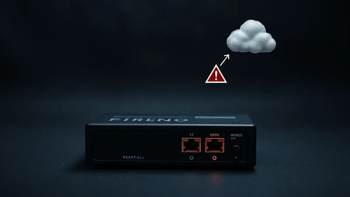 Illustration: A small office desk holds a black network firewall box with blinking lights.