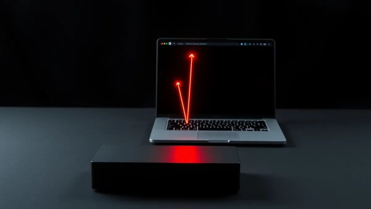 Illustration: A black box sits on a sleek desk beside a generic laptop displaying a blank browser window.