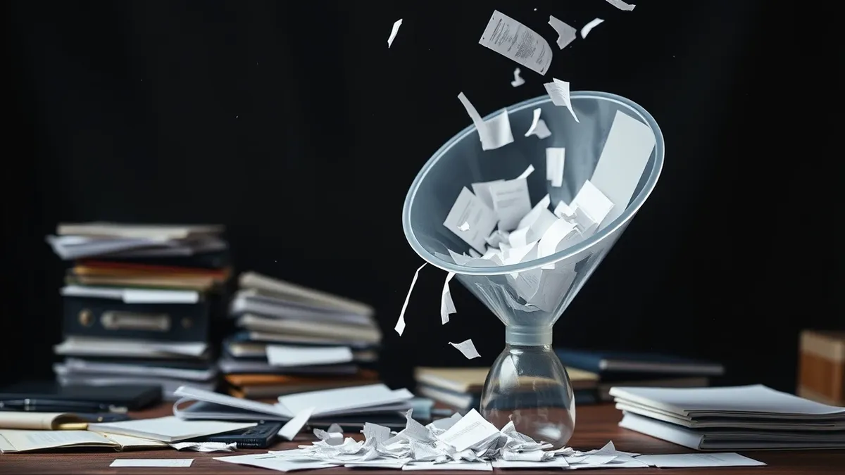 Illustration: A transparent funnel sits on a cluttered desk, pulling loose paper scraps from an open, disorganized filing cabinet.