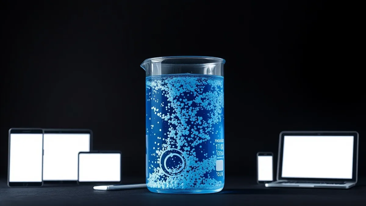 Illustration: A clear glass beaker holds blue liquid with scattered white particles suspended throughout, representing data points mixed with mathematical noise.