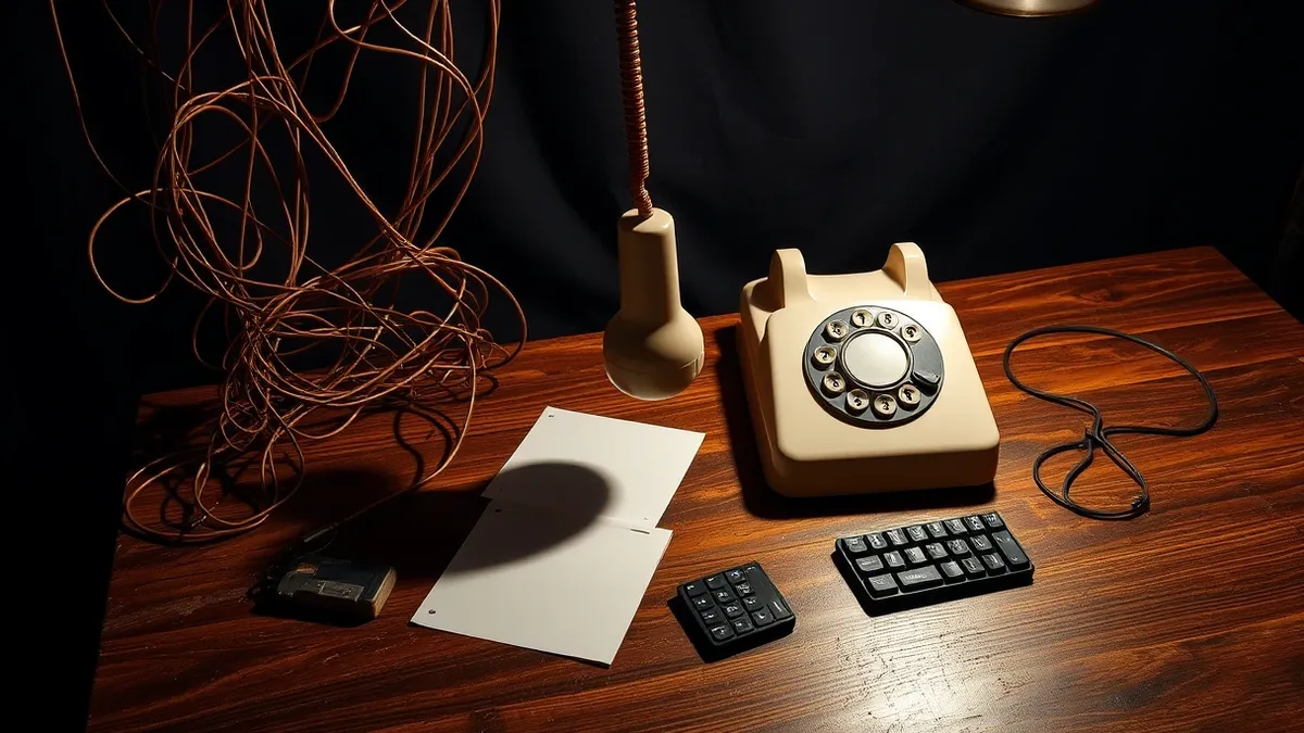 Illustration: A tangled mass of copper telephone wires connects to an old rotary dial phone resting on a cluttered wooden desk.