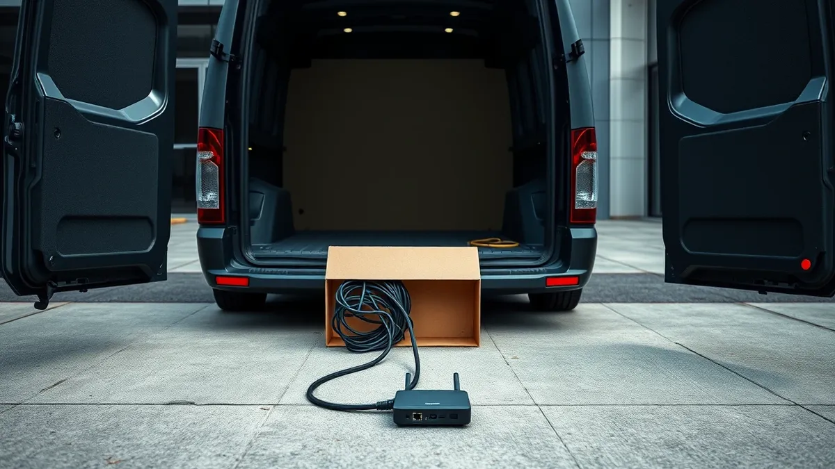 Illustration: A sleek black delivery van sits parked outside a modern office building with its side door wide open.