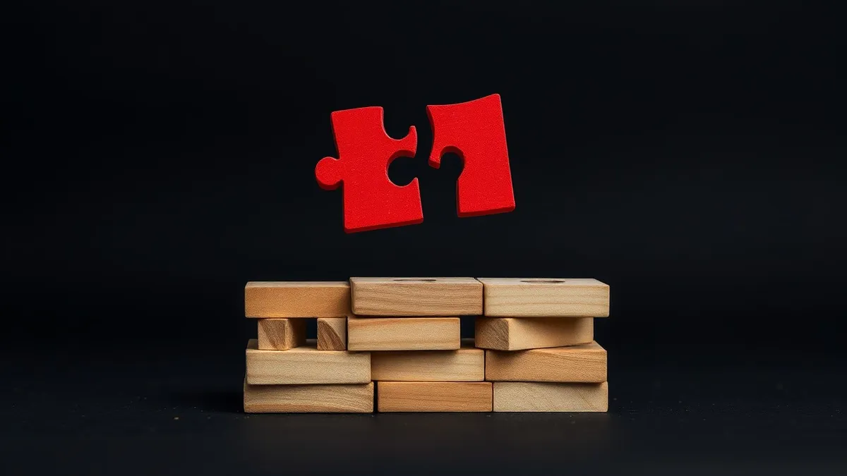 Illustration: A cracked red puzzle piece floats above a stack of wooden building blocks.