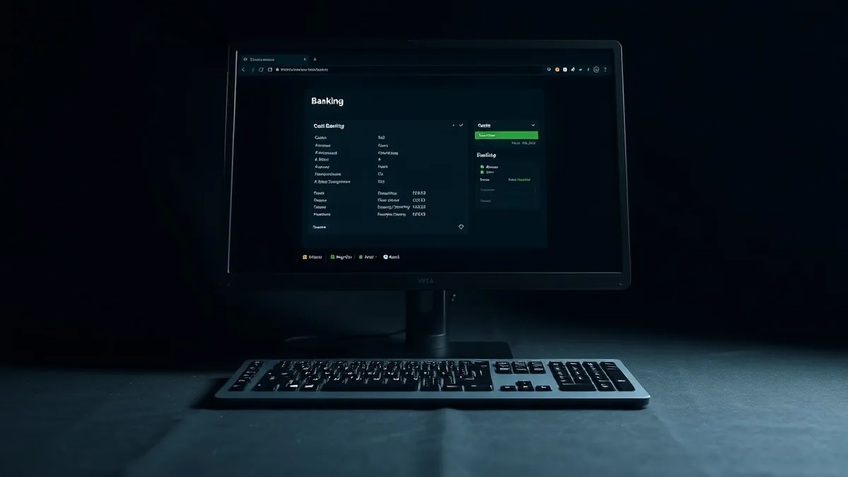 Illustration: A sleek banking interface sits open on a modern office monitor, casting a soft glow on a silent keyboard.