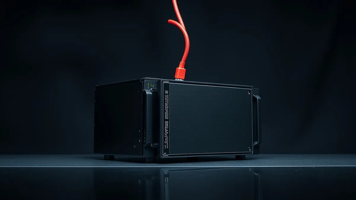 Illustration: A sleek black server unit sits on a polished desk, its side panel sliding open to reveal intricate circuitry.