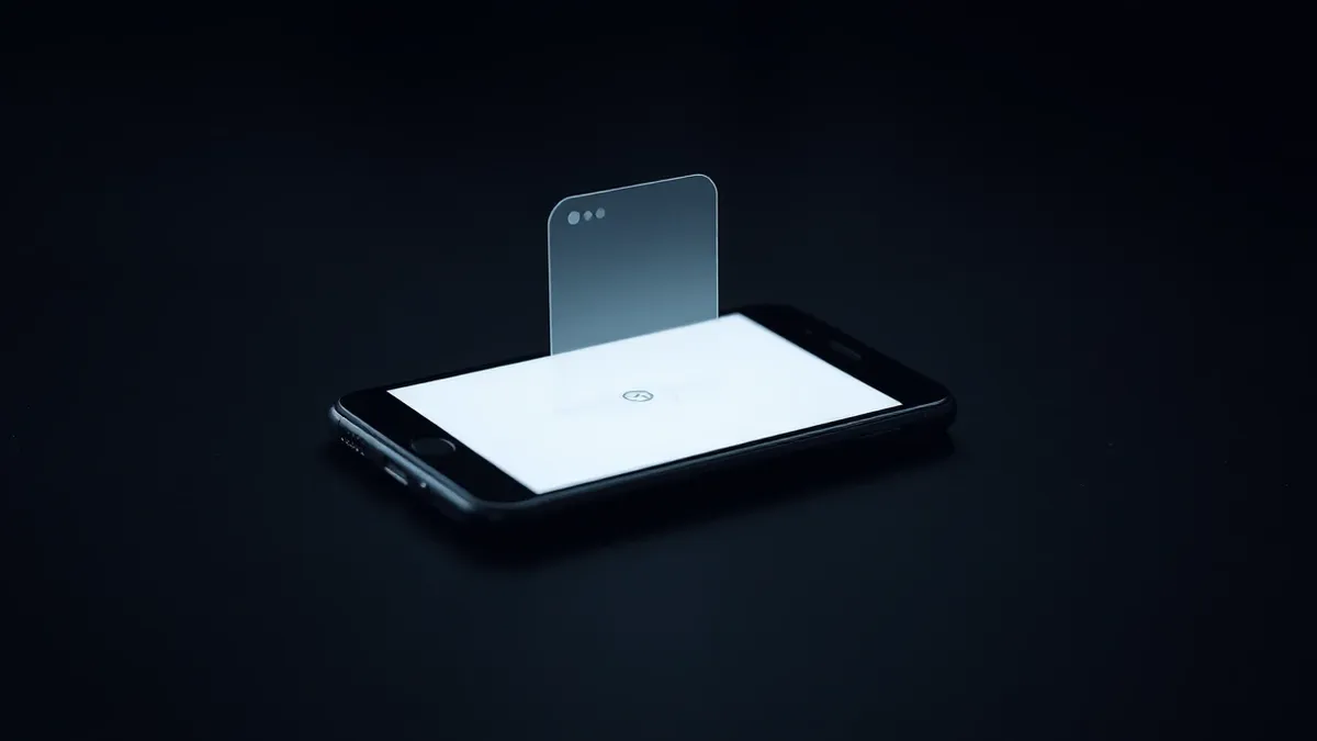 Illustration: A sleek smartphone rests on a dark wooden table.