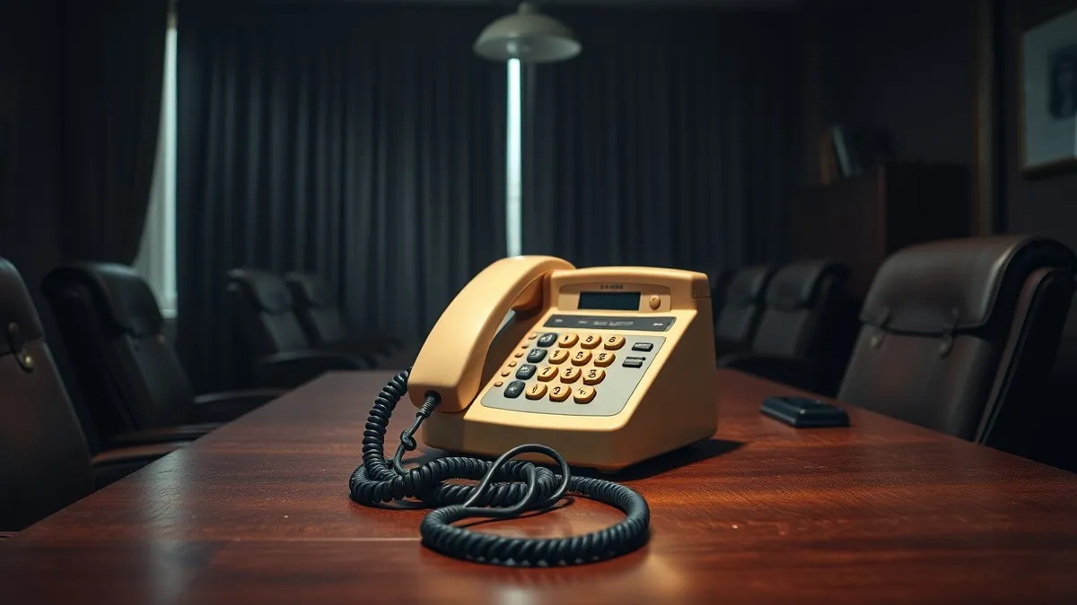 Illustration: A beige landline telephone sits on a cluttered wooden desk in a quiet law office.
