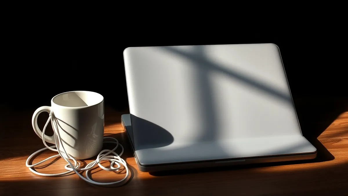 Illustration: A white ceramic coffee mug sits on a wooden desk beside a closed laptop and a tangled ball of white charging cable.