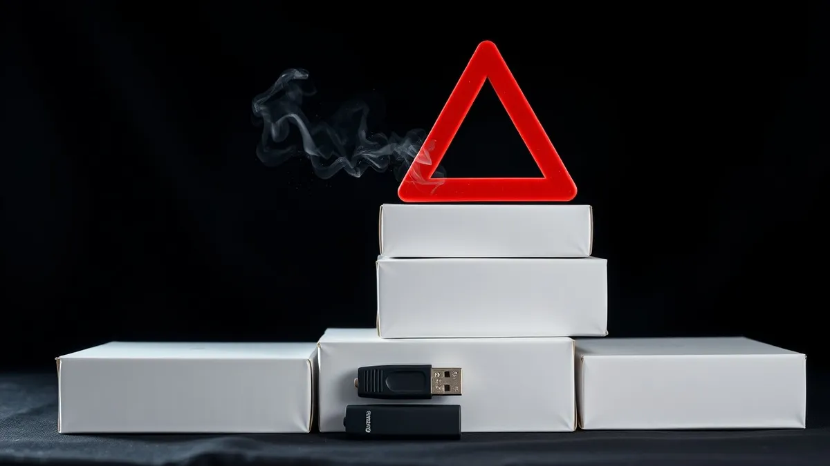 Illustration: A red warning triangle hovers above a stack of blank white boxes and a single black USB drive.