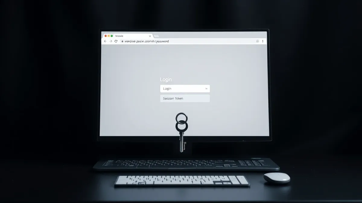 Illustration: A generic browser window sits on a clean desk, displaying a blank login page.