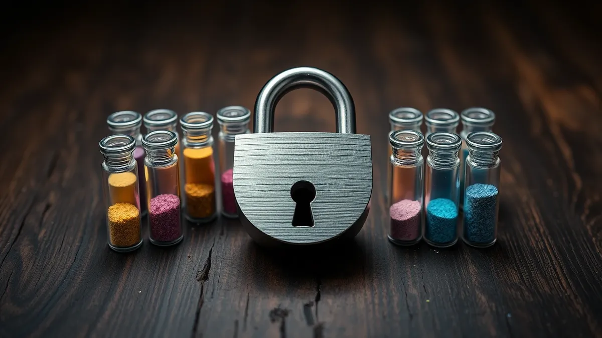Illustration: A thick, metallic lock sits on a rough wooden table, surrounded by several small, identical glass vials filled with colorful sand.
