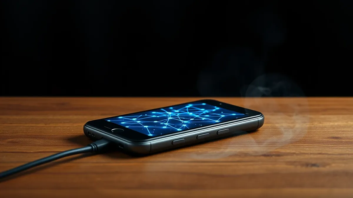 Illustration: A smartphone rests on a wooden table, its screen displaying abstract blue and white network nodes that connect and pulse.