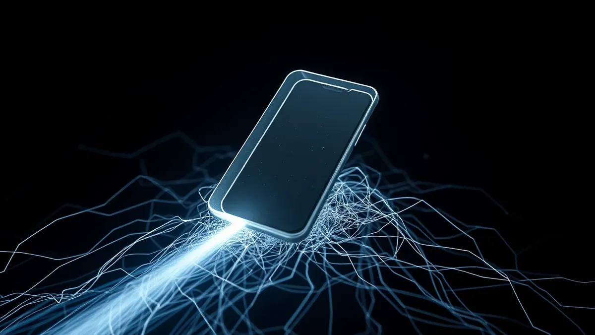 Illustration: A glowing smartphone hovers above a tangled web of chaotic, jagged lines representing intercepted data.