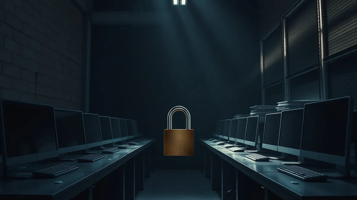 Illustration: A sealed concrete office sits dark and silent with a heavy metal padlock securing the front door.