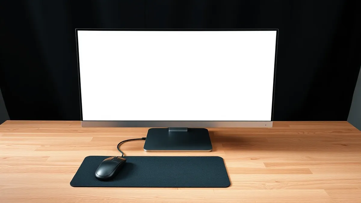 Illustration: A sleek modern desktop computer sits on a minimalist wooden desk with its monitor displaying only a grid of blank white squares.