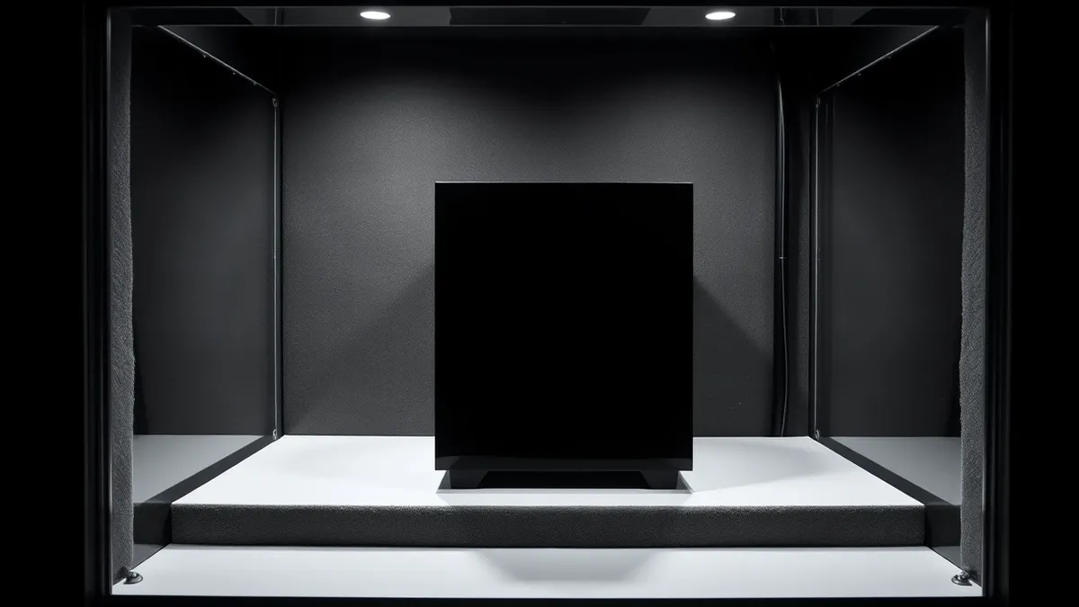 Illustration: A sleek black computer enclosure sits isolated on a clean white bench inside a sealed transparent chamber.