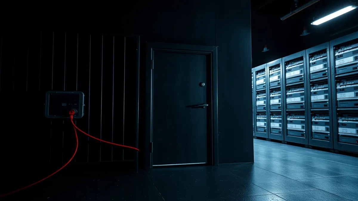 Illustration: A red wire bypasses a sturdy locked gate, threading through an open window into a storage room filled with hard drives.